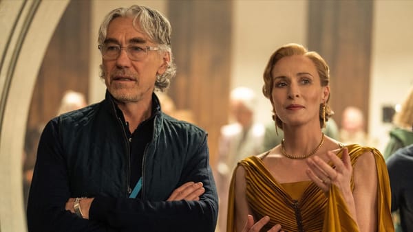Tony Gilroy next to rebel leader Mon Mothma on the set of Andor